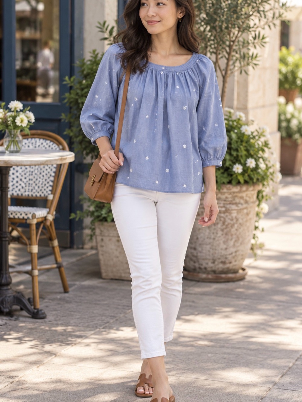 J.Crew Blue Chambray Embroidered Floral Blouse M